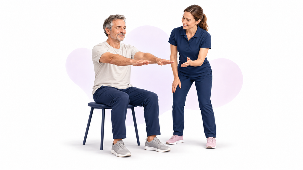 Physiotherapeutin begleitet einen Patienten bei einer Bewegungsübung im Sitzen.