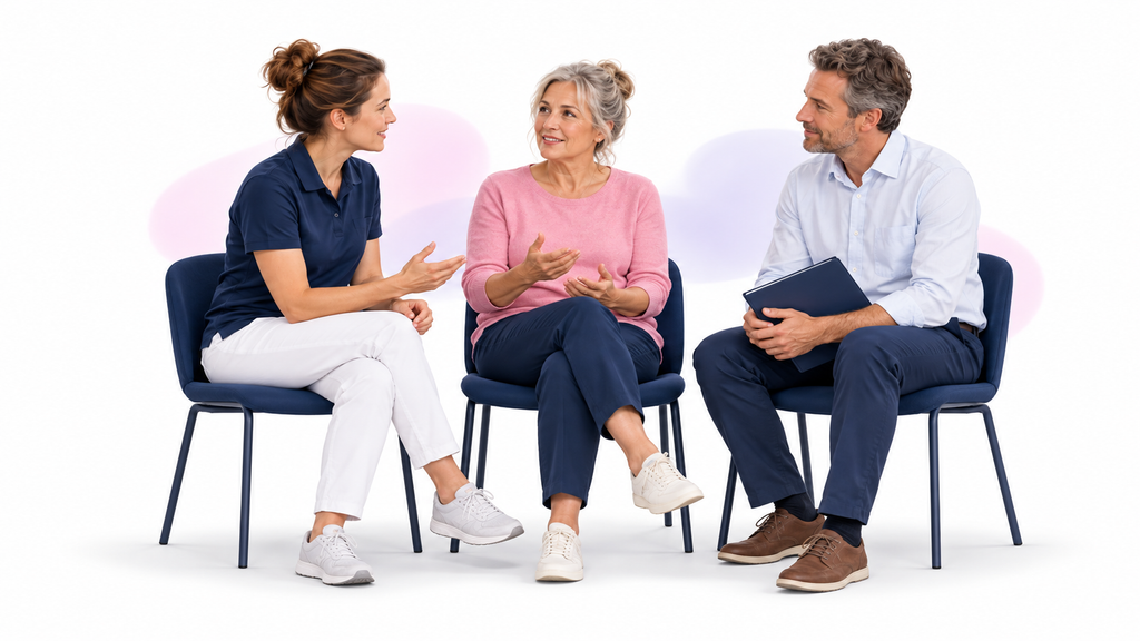 Patientin im gemeinsamen Gespräch mit einer Physiotherapeutin und einer weiteren Fachperson.