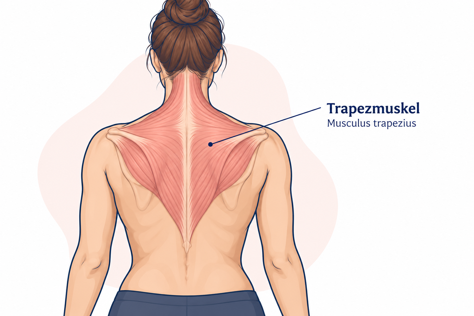 Rückenansicht mit beidseitig hervorgehobenem Trapezmuskel zwischen Hinterkopf, Schultern und Brustwirbelsäule.